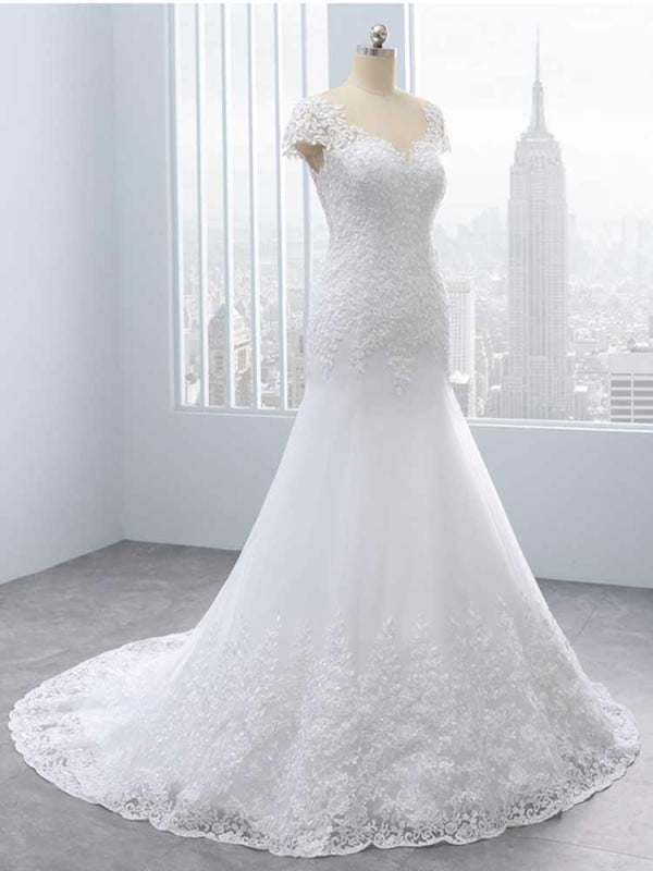Cap Sleeves Lace Mermaid Tulle Wedding Dresses