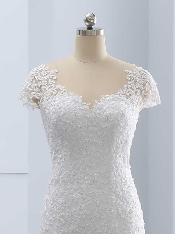Cap Sleeves Lace Mermaid Tulle Wedding Dresses