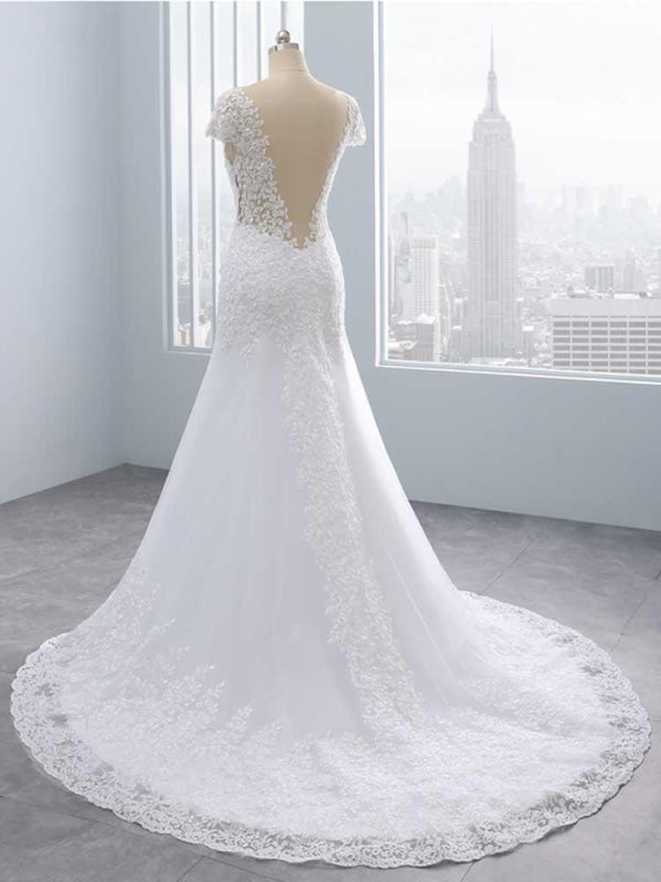 Cap Sleeves Lace Mermaid Tulle Wedding Dresses