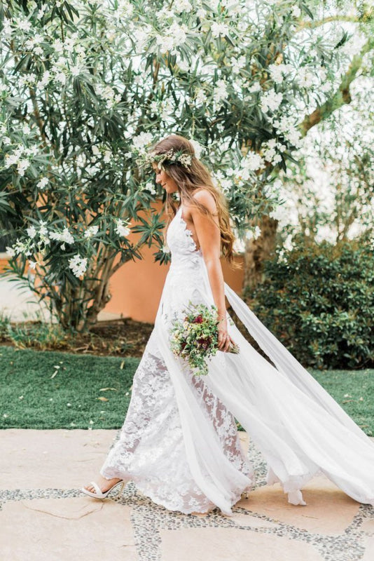 Casual Boho Spaghetti Straps Lace Beach Wedding Dress