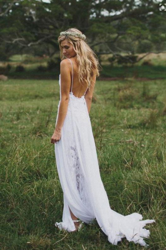 Casual Boho Spaghetti Straps Lace Beach Wedding Dress
