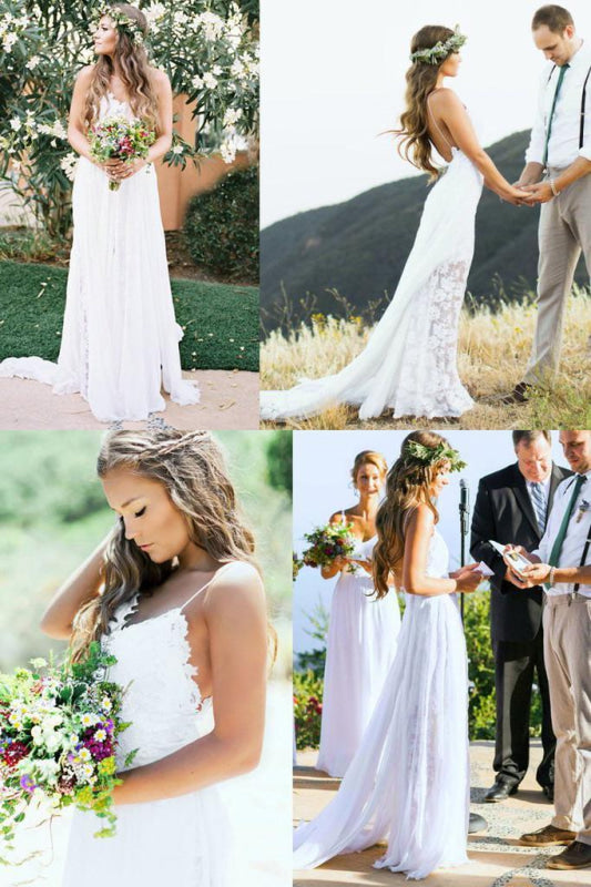 Casual Boho Spaghetti Straps Lace Beach Wedding Dress
