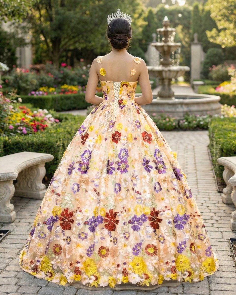 Quinceanera Dress Champagne A-line Flowers Long Prom Dress