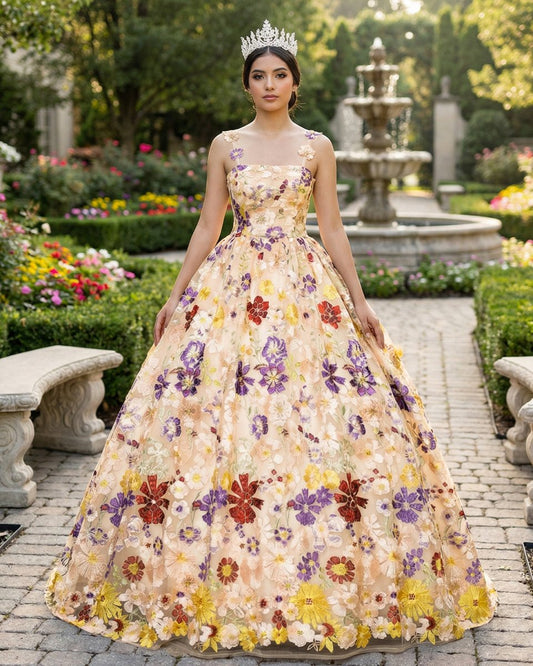 Quinceanera Dress Champagne A-line Flowers Long Prom Dress