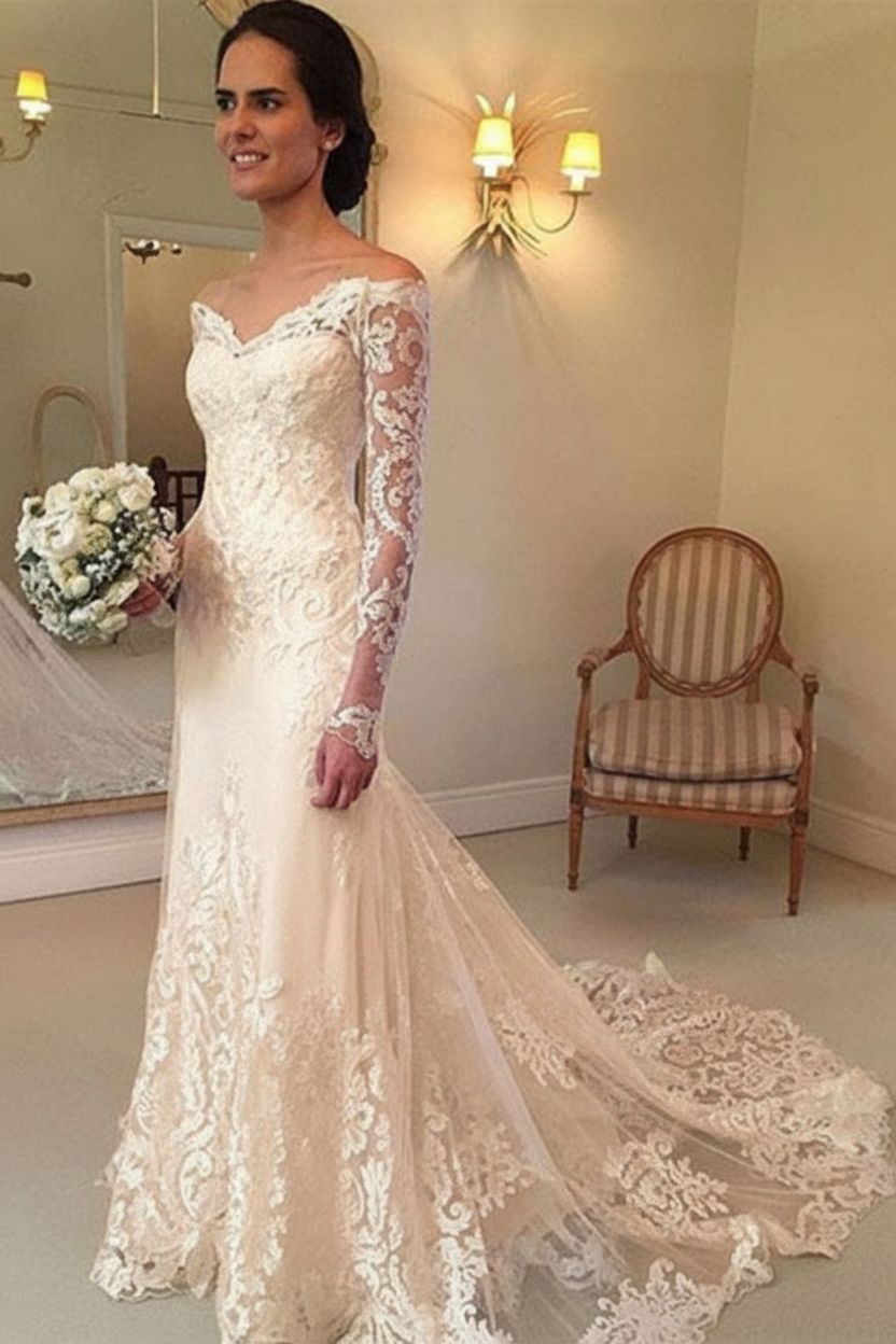 White Long Sleeves Off the Shoulder Mermaid Lace Wedding Dress