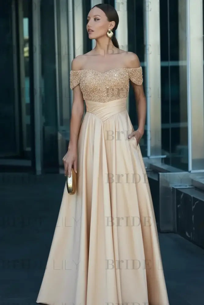 Off-the-Shoulder Dark Green Satin Aline Formal Dress with Beadings