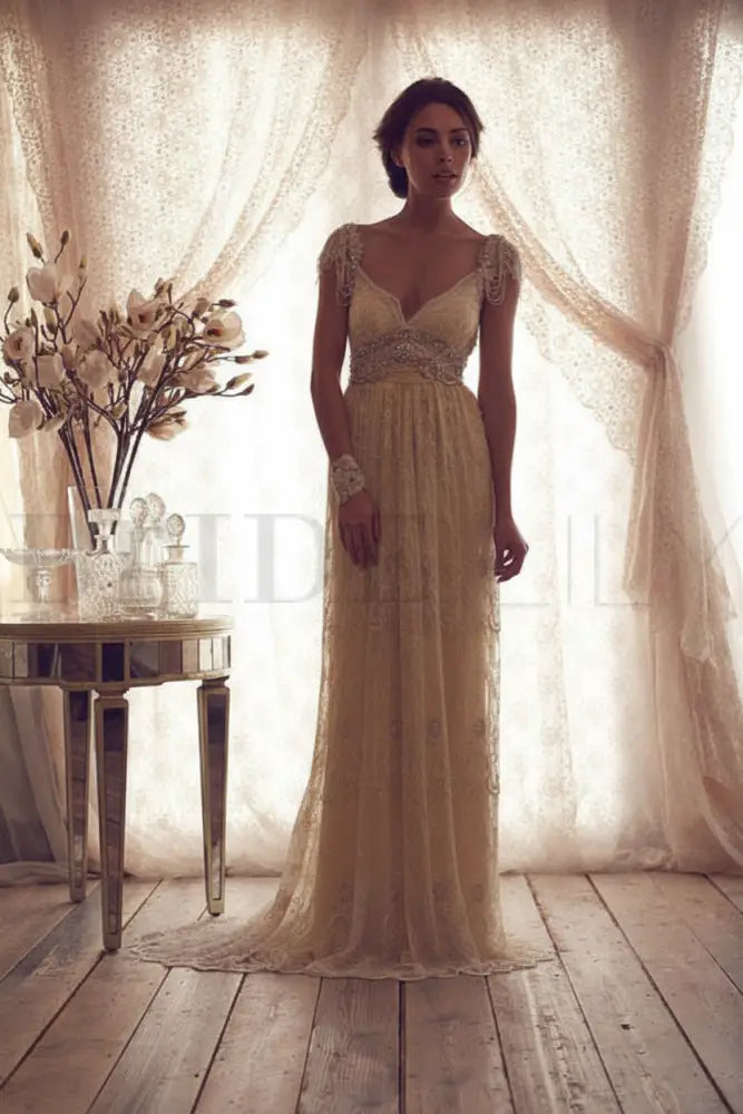 V Neck Backless Boho Wedding Dresses Cap Sleeves Lace Bridal Dress