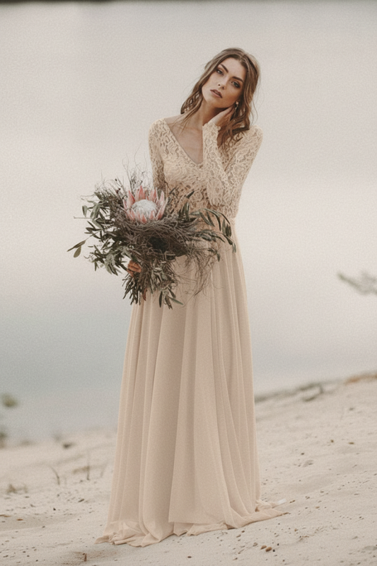 Charming A-Line V Neck Open Back Lace Wedding Dresses with Sleeves