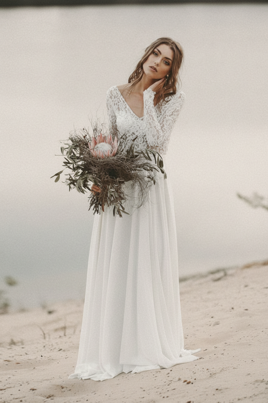 Charming A-Line V Neck Open Back Lace Wedding Dresses with Sleeves