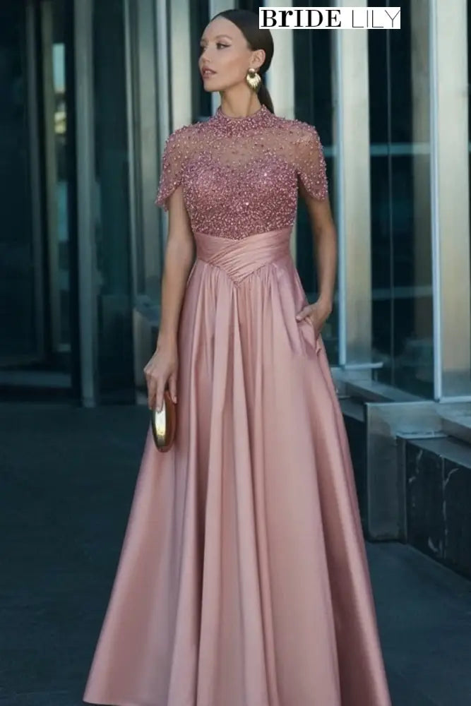 Charming Dark Green Satin Aline Evening Dress Short Sleeves with Beadings