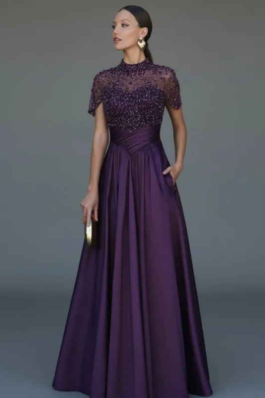 Charming Dark Green Satin Aline Evening Dress Short Sleeves with Beadings
