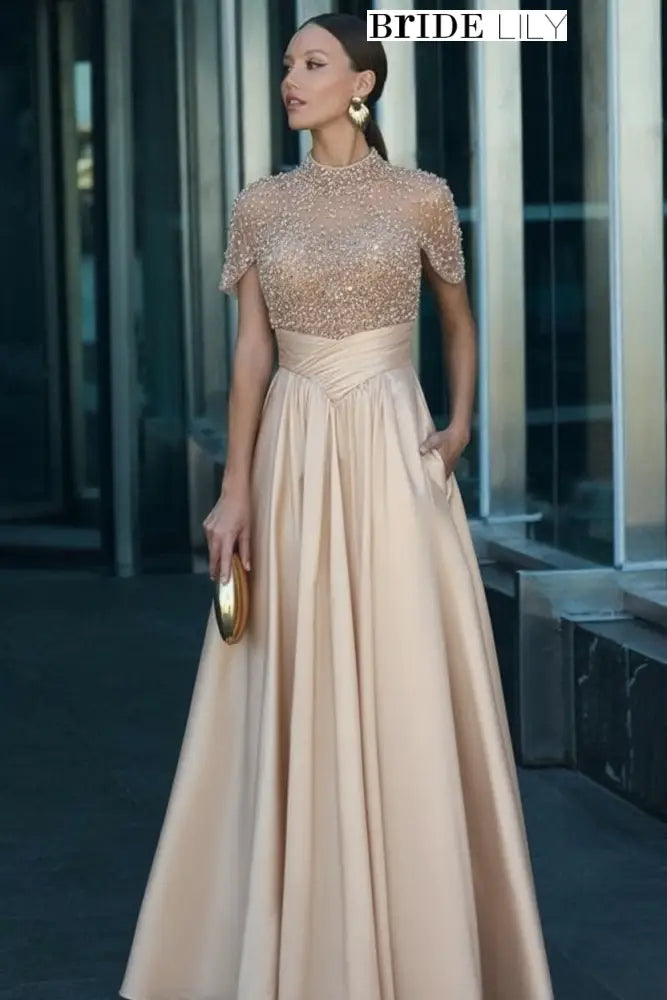 Charming Dark Green Satin Aline Evening Dress Short Sleeves with Beadings