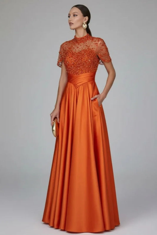 Charming Dark Green Satin Aline Evening Dress Short Sleeves with Beadings