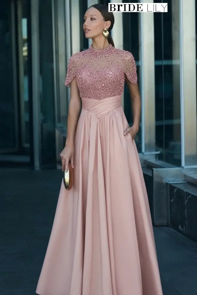 Charming Dark Green Satin Aline Evening Dress Short Sleeves with Beadings