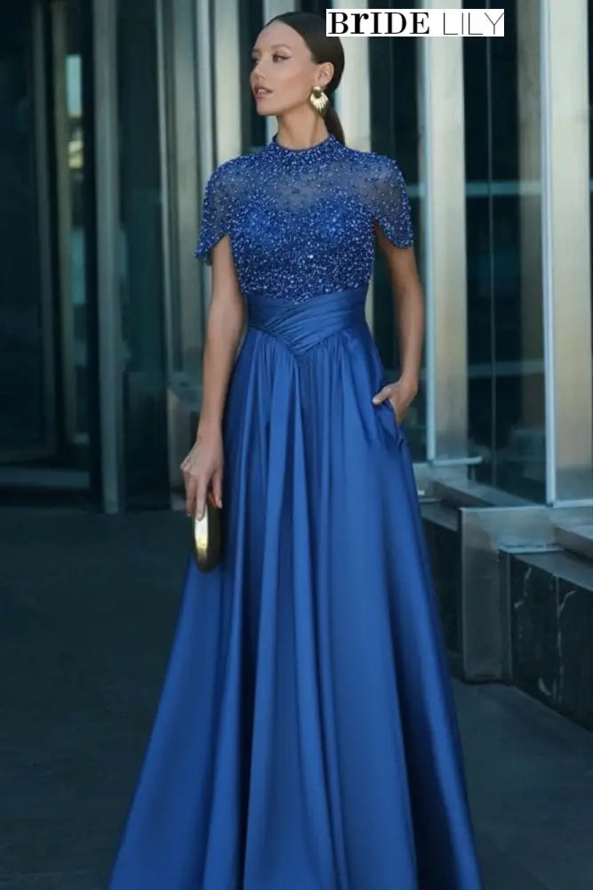 Charming Dark Green Satin Aline Evening Dress Short Sleeves with Beadings