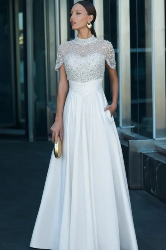 Charming Dark Green Satin Aline Evening Dress Short Sleeves with Beadings