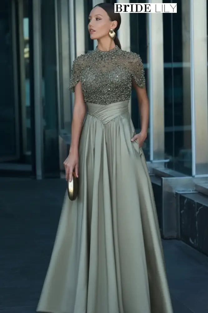 Charming Dark Green Satin Aline Evening Dress Short Sleeves with Beadings