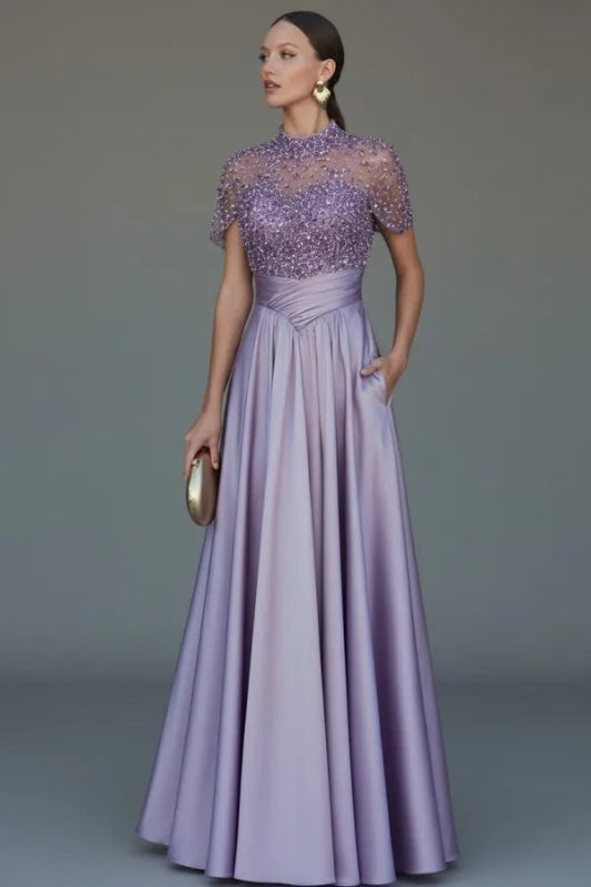 Charming Dark Green Satin Aline Evening Dress Short Sleeves with Beadings