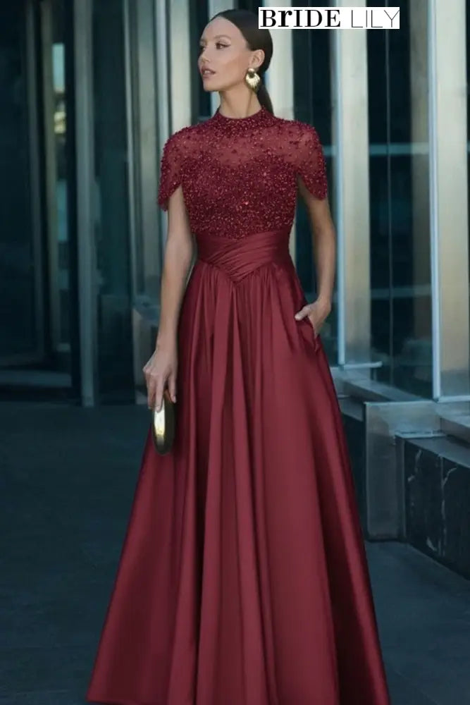 Charming Dark Green Satin Aline Evening Dress Short Sleeves with Beadings