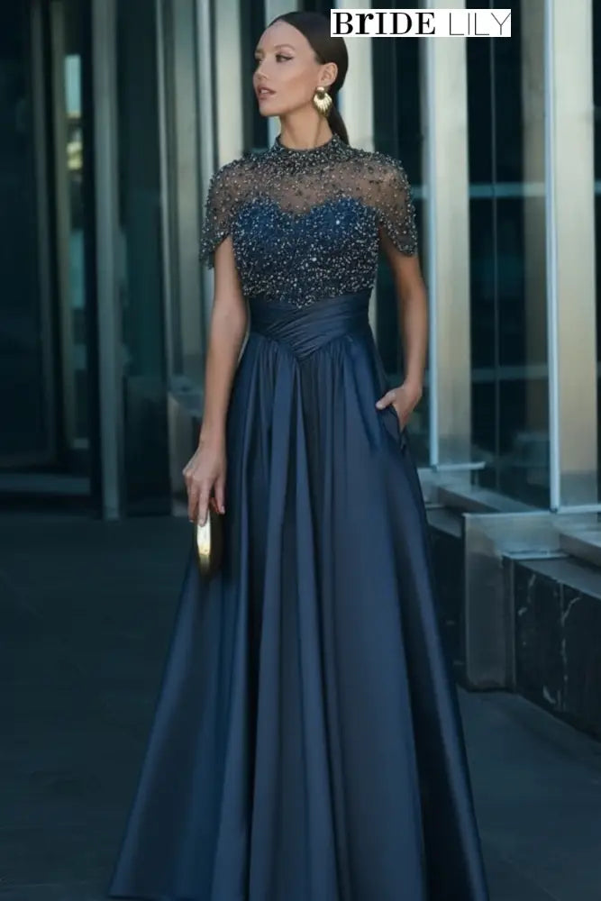 Charming Dark Green Satin Aline Evening Dress Short Sleeves with Beadings