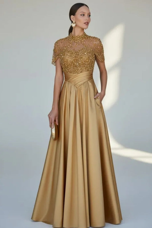Charming Dark Green Satin Aline Evening Dress Short Sleeves with Beadings