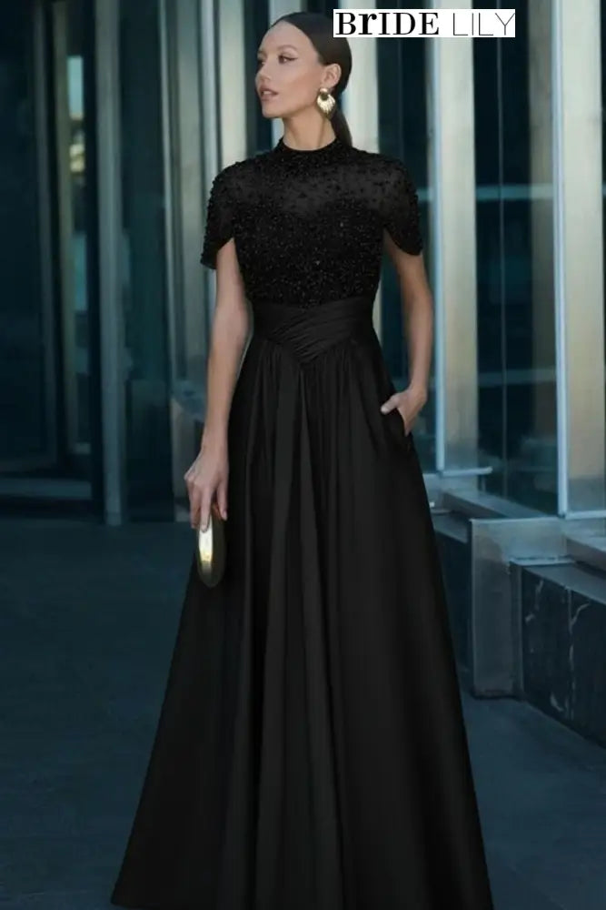 Charming Dark Green Satin Aline Evening Dress Short Sleeves with Beadings