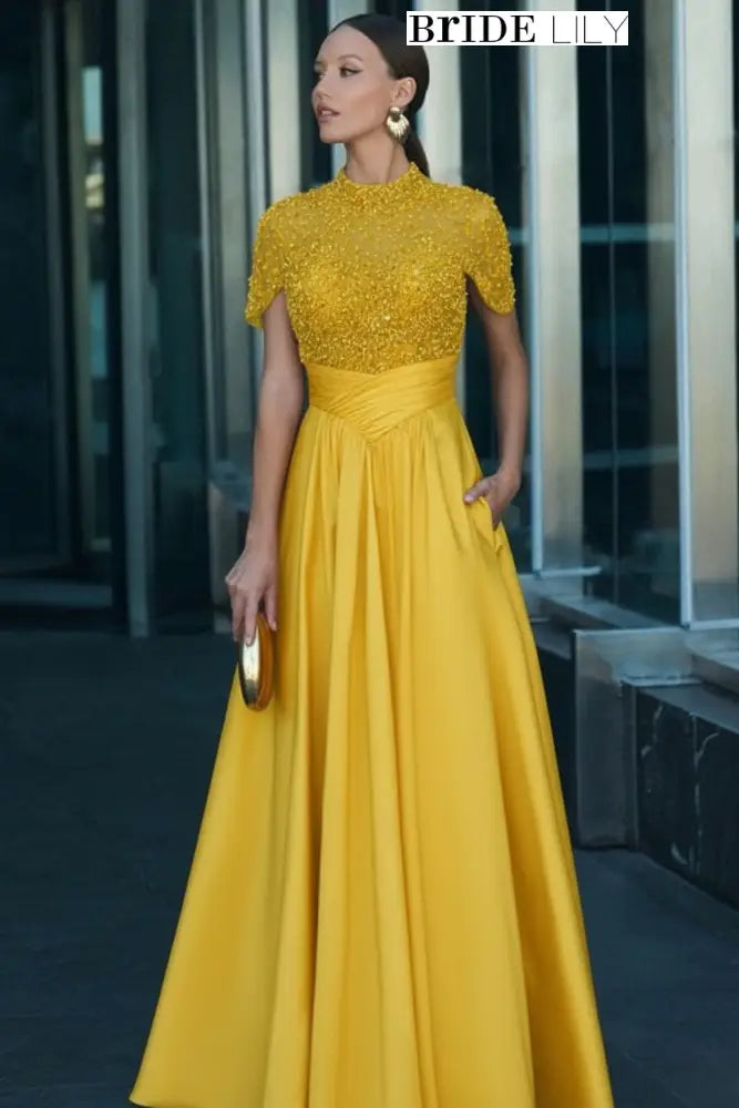 Charming Dark Green Satin Aline Evening Dress Short Sleeves with Beadings