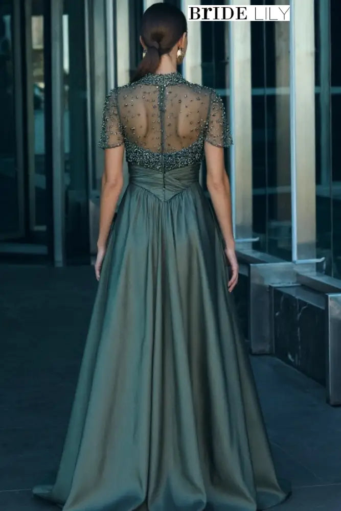 Charming Dark Green Satin Aline Evening Dress Short Sleeves with Beadings