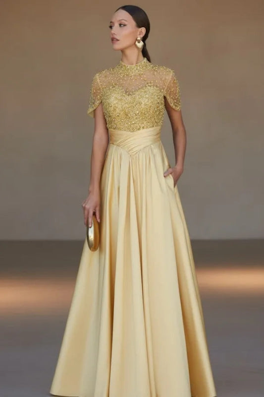 Charming Dark Green Satin Aline Evening Dress Short Sleeves with Beadings