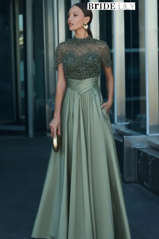 Charming Dark Green Satin Aline Evening Dress Short Sleeves with Beadings