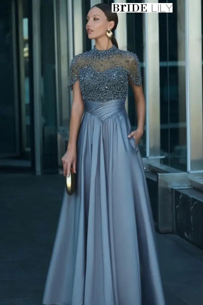 Charming Dark Green Satin Aline Evening Dress Short Sleeves with Beadings