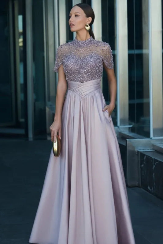Charming Dark Green Satin Aline Evening Dress Short Sleeves with Beadings