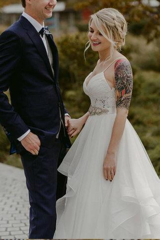 Charming Lace Ruffles Tulle Puffy Spaghetti Strap Beach Wedding Dress