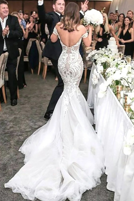 Charming Mermaid Style Off-the-Shoulder Sweep Train Lace Wedding Dress