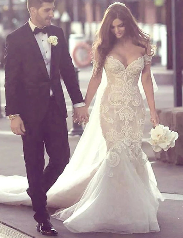 Charming Mermaid Style Off-the-Shoulder Sweep Train Lace Wedding Dress