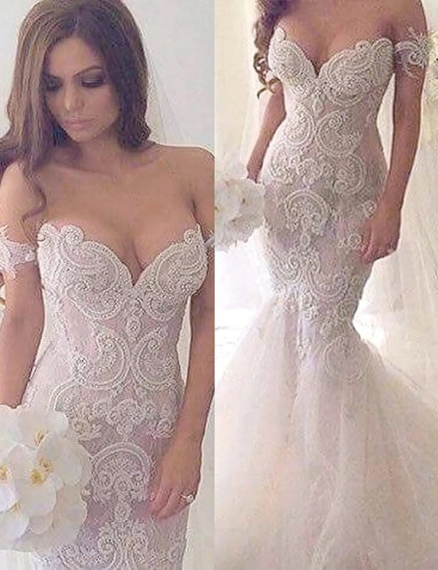 Charming Mermaid Style Off-the-Shoulder Sweep Train Lace Wedding Dress