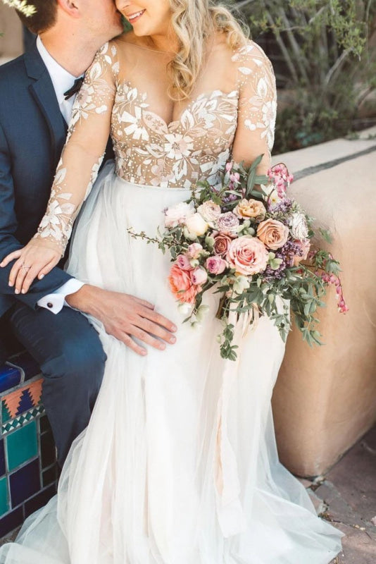 Charming Beading Gorgeous Long Sleeves Unique Tulle Wedding Dress