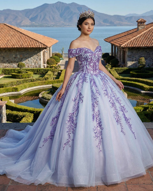 Quinceanera Dress Charming Off-the-shoulder Prom Dresses Appliques Lace Up Ball Gown with Sequins
