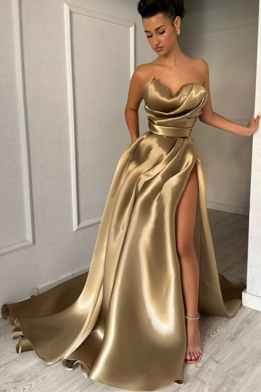 Charming Strapless Ruffle Satin Prom Dress with High Split