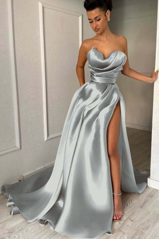 Charming Strapless Ruffle Satin Prom Dress with High Split