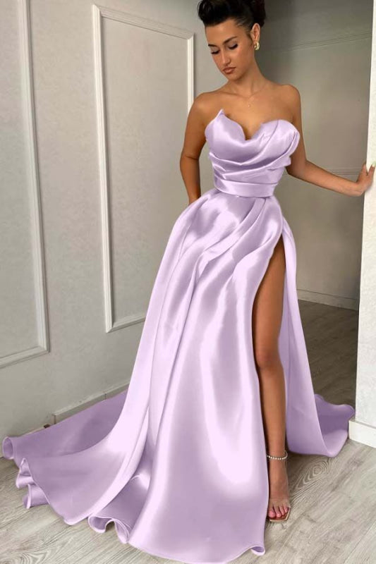 Charming Strapless Ruffle Satin Prom Dress with High Split