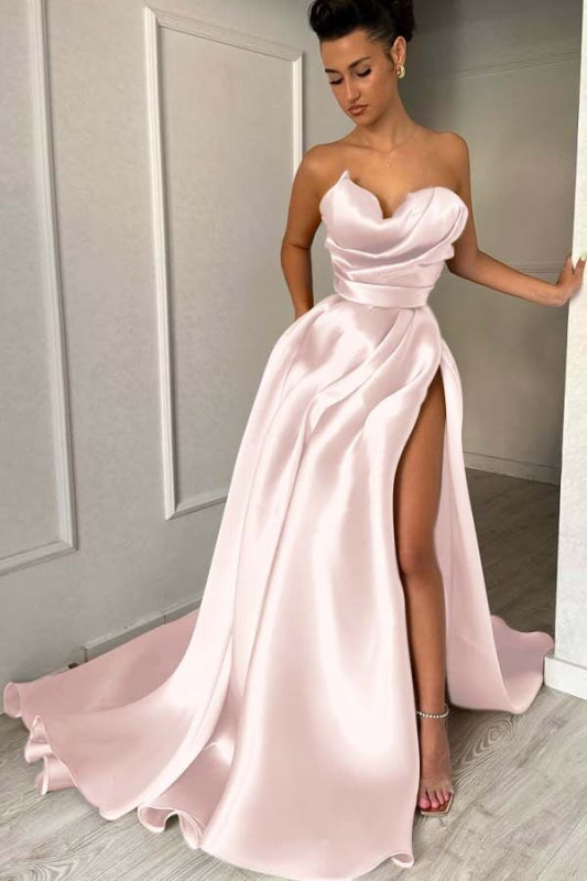 Charming Strapless Ruffle Satin Prom Dress with High Split