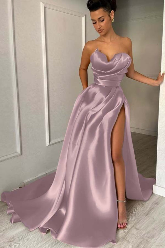 Charming Strapless Ruffle Satin Prom Dress with High Split
