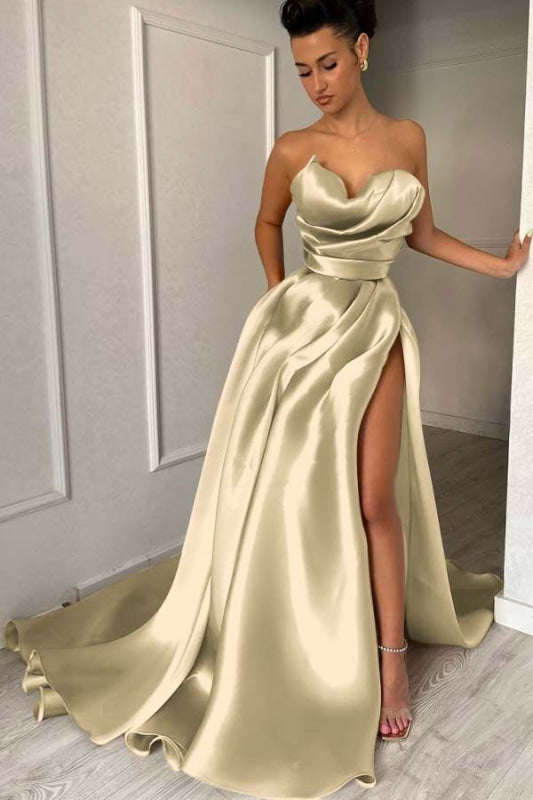 Charming Strapless Ruffle Satin Prom Dress with High Split