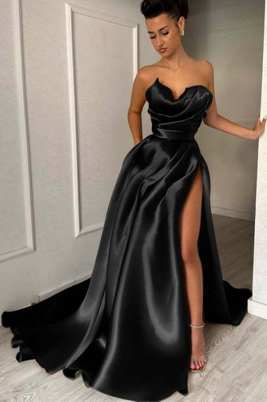 Charming Strapless Ruffle Satin Prom Dress with High Split