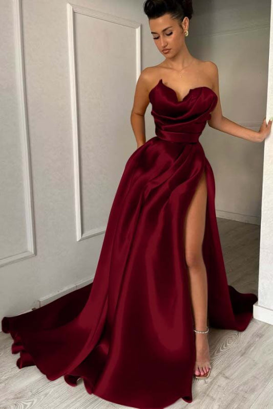 Charming Strapless Ruffle Satin Prom Dress with High Split