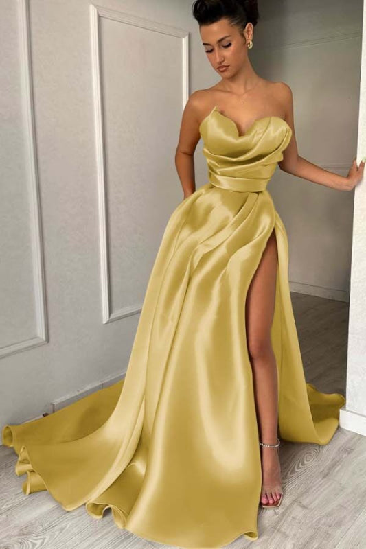 Charming Strapless Ruffle Satin Prom Dress with High Split