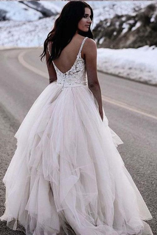 Charming Straps Lace Top Backless Tulle Asymmetrical Ivory Wedding Dress