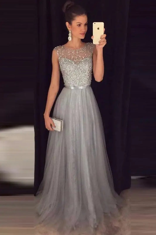 Elegant Gray A-Line Prom Dress Sequined Tulle Evening Gown