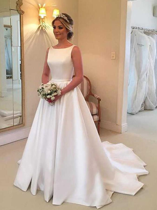 Bateau A Line Wedding Dress Sleeveless Satin Bridal Dress